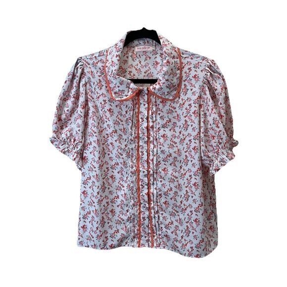 Ivy City Co Pink Floral Cottage Coquette Button Up Puff Sleeve Top Womens Size L - Picture 1 of 10